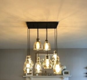 Hanging chandelier in a living room.